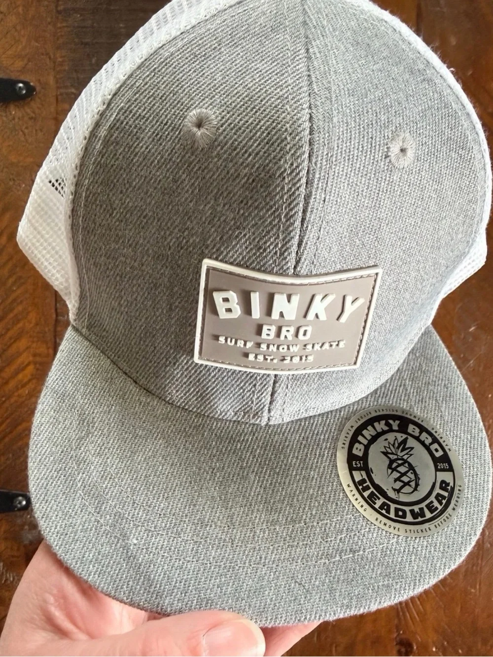 Two Infant Binky Bro Patch Trucker Hats - Black/Suede and Gray/White